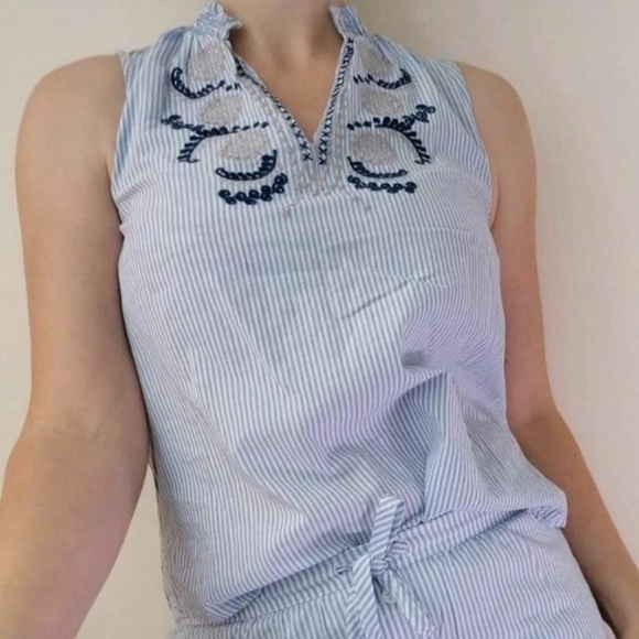 Nanette Lepore Ruffle VNeck Tank Medium Embroidered Striped Boho Blue White - Picture 2 of 9